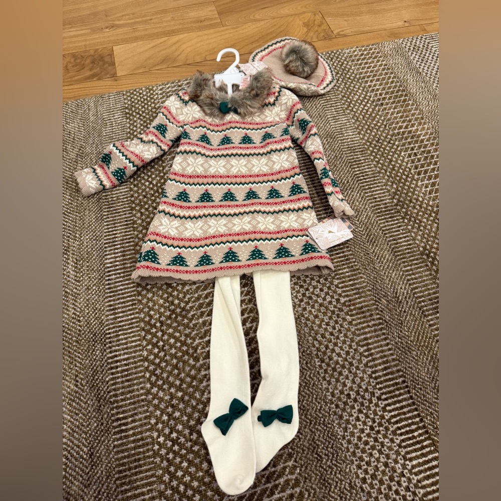 Tommy Bahama Girls Festive Holiday Dress With Faux Fur Trim Size 3 T .